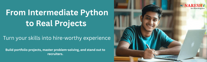 Young man smiling and working on a laptop, promoting Naresh i Technologies’ program on taking Python skills from intermediate level to real-world projects.