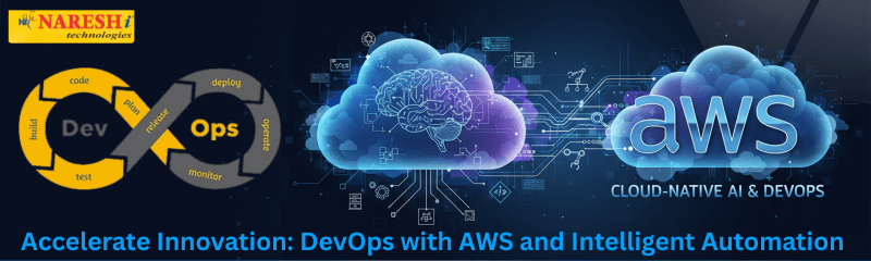 Banner showcasing DevOps with AWS and Cloud-Native AI for intelligent automation, featuring DevOps cycle, AI cloud, and AWS logo by Naresh i Technologies.