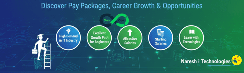 NareshIT banner: Discover Pay Packages, Career Growth & Opportunities” with DevOps infinity icon and five badges—High demand in IT, Growth path for beginners, Attractive salaries, Starting salaries, Learn with technologies.