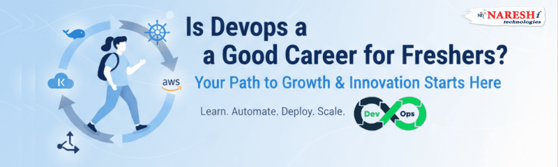 NareshIT banner asking “Is DevOps a Good Career for Freshers?” with DevOps infinity loop, Docker, Kubernetes, AWS, Git icons, and a student walking the learning path.