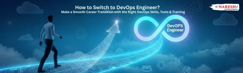 Professional walking toward DevOps infinity loop icon representing career switch to DevOps Engineer.