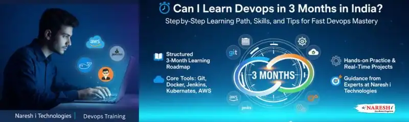 Can I learn DevOps in 3 months in India? NareshIT banner showing 3-month roadmap, core tools (Git, Docker, Jenkins, Kubernetes, AWS), projects, and expert guidance.