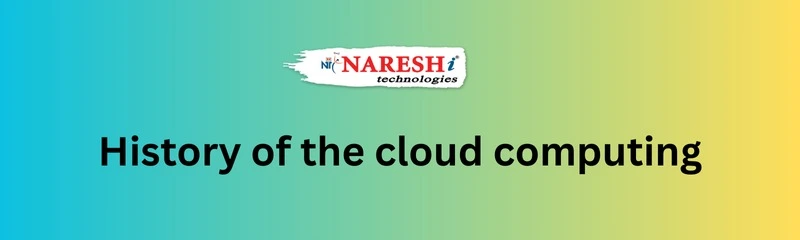 Banner with the Naresh i Technologies logo and the title 'History of the cloud computing' on a blue-to-yellow gradient background