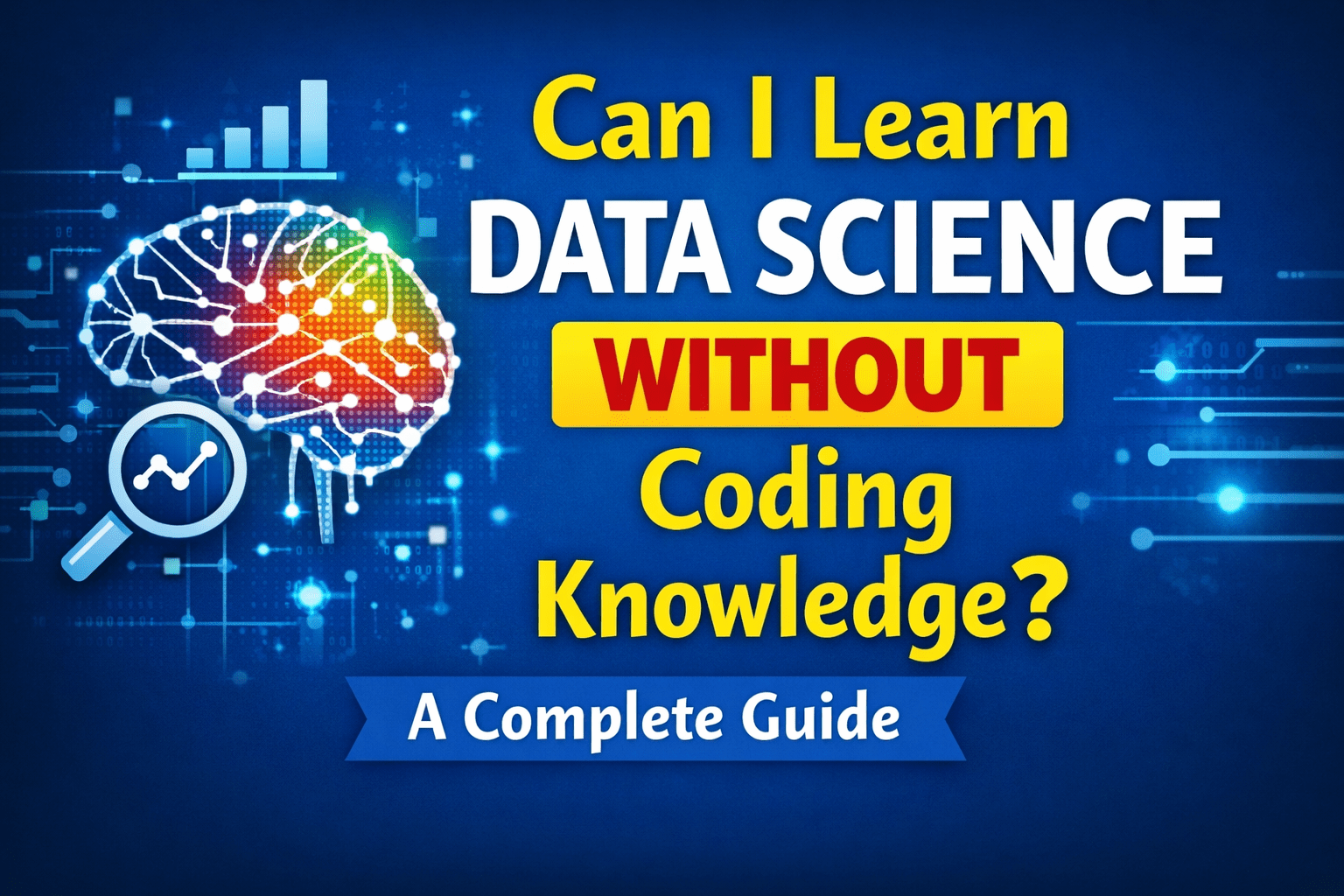 Illustration showing a digital brain with data and analytics icons alongside the text “Can I Learn Data Science Without Coding Knowledge? A Complete Guide,” representing beginner-friendly data science learning concepts.