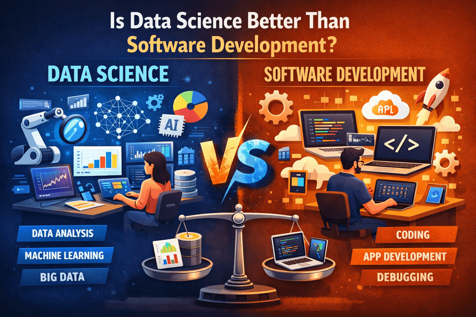Comparison image showing Data Science vs Software Development with roles like data analysis, machine learning, coding, app development, and debugging.