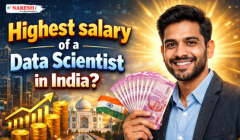 Highest salary of a data scientist in India shown with a professional holding Indian currency and data analytics background