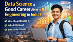 Is Data Science a Good Career After Engineering in India!! showing an engineering graduate with a laptop, data charts, AI icons, and career growth visuals