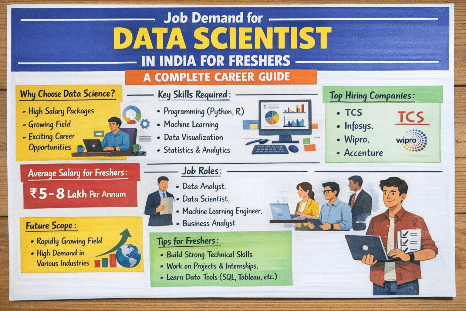 Job demand for data scientist in India for freshers infographic showing skills, salary, roles, and hiring companies