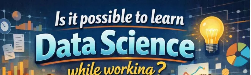 Illustration showing professionals working on laptops with data charts and analytics visuals, highlighting learning data science while working full time.