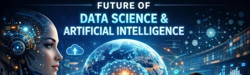 Futuristic digital banner showing artificial intelligence humanoid, global data network connections, and advanced data science technology interface.