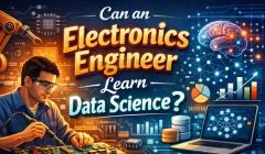 Electronics engineer transitioning into data science with AI and analytics visuals.