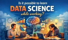 Illustration showing professionals working on laptops with data charts and analytics visuals, highlighting learning data science while working full time.