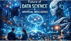 Futuristic illustration of artificial intelligence and data science technology with humanoid robot, digital interface, and data analytics visualization.