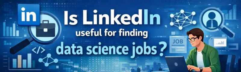 Professional using LinkedIn to search for data science job opportunities on a laptop