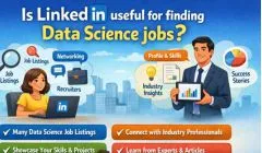 Illustration showing LinkedIn features for finding data science jobs, including networking, job listings, and profile skills.