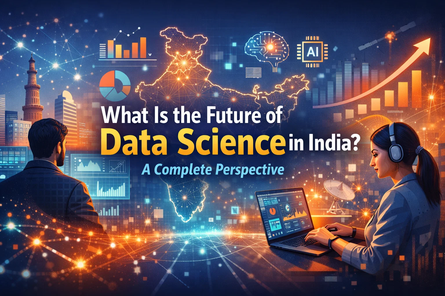 Future of data science in India showing AI, analytics dashboards, growth charts, and professionals working with data technology