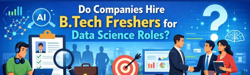 Illustration showing B.Tech graduates and recruiters discussing data science job opportunities.