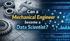 Mechanical gears merging with digital data charts showing the transition from mechanical engineering to data science