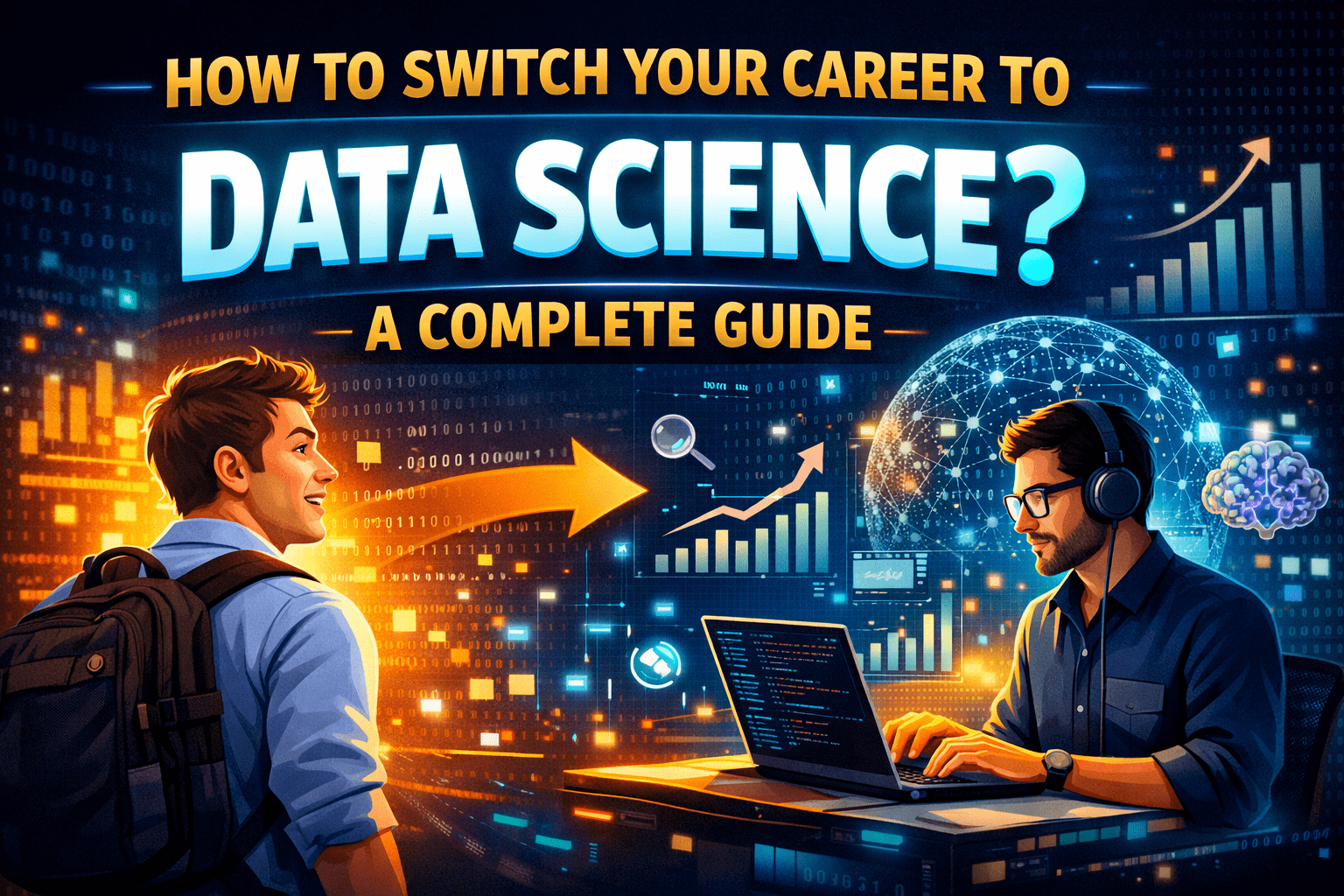 Switch career to data science guide showing transition from beginner to data scientist with skills, analytics, and AI learning path