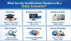 Infographic showing the qualifications needed to become a data scientist including education, programming skills, statistics and math, data analysis, machine learning, and domain knowledge.