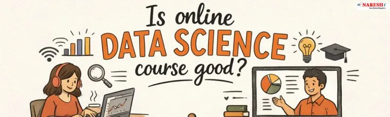 Illustration showing students learning data science online with analytics charts and digital learning elements
