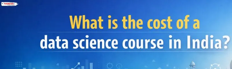 Banner showing the cost of a data science course in India with educational theme background