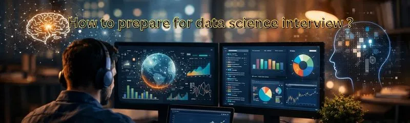 Person analyzing data dashboards on multiple screens representing preparation strategies for a data science interview and analytics career growth.
