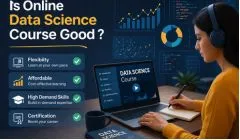 Person studying data science online with charts, analytics dashboard, and course benefits displayed on screen