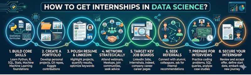 Infographic illustrating steps to start a career in data science including skills learning, portfolio creation, networking, interview preparation, and internships.
