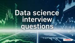 Data science interview questions concept with analytics graphs and charts background