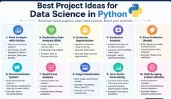 Infographic showing best data science project ideas for Python including data analysis, machine learning, web scraping, NLP, and visualization projects.