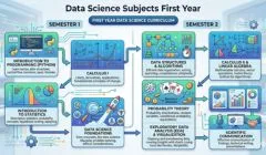 Infographic showing first-year data science subjects and semester curriculum including Python, calculus, statistics, databases, and machine learning.