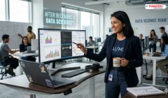 Professional data scientist analyzing digital dashboards and analytics after career advancement