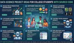 Infographic showing data science project ideas for college students including sentiment analysis, image classifier, chatbot development, recommendation system, and exploratory data analysis.