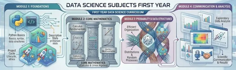 Infographic showing first-year data science subjects and semester curriculum including Python, calculus, statistics, databases, and machine learning. Caption Complete overview of first-year data science subjects and semester-wise curriculum for beginners. Focus Keywords data science subjects first year, data science curriculum, first year data science syllabus, data science semester subjects, python and statistics for data science Slug data-science-subjects-first-year-curriculum we give title with 60 characters , description with 160 characters , tags , alt text , caption , focus keywords , slug to this title "Data Science subjects first year " Title (60 characters) Data Science Subjects First Year Semester Wise Guide Meta Description (160 characters) Learn data science first year subjects including Python, statistics, calculus, databases, algorithms, and machine learning basics. Tags Data Science Subjects, First Year Data Science, Data Science Syllabus, Python for Data Science, Statistics, Machine Learning Basics, Calculus, Data Analytics, Database Management, AI Curriculum Alt Text Data science first-year subjects covering programming, statistics, mathematics, databases, and machine learning concepts. Caption Overview of first-year data science subjects and essential topics for beginners. Focus Keywords data science subjects first year, first year data science syllabus, data science curriculum, data science semester subjects, beginner data science topics Slug data-science-subjects-first-year-guide