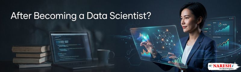 Professional data scientist analyzing digital dashboards and analytics after career advancement