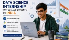 Student working on a laptop promoting a Data Science Internship program for college students in India with training in AI, ML, and data analytics.