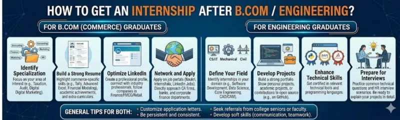 Student holding books promoting internship opportunities for B.Com and Engineering graduates with career growth benefits.