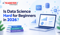 Naresh IT Data Science poster asking “Is Data Science Hard for Beginners in 2026?” with Python, Data Analysis, Machine Learning books, AI, coding, charts, and laptop.
