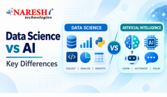 Data Science vs AI comparison graphic by Naresh IT, highlighting key differences, tools, and applications of Data Science and Artificial Intelligence.