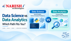 Data Science vs Data Analytics: Which Path Fits You? A comparison highlighting Data Science skills such as Python, Machine Learning, AI, Deep Learning, and Big Data, alongside Data Analytics skills including Data Analysis, Visualization, Reporting, and Business Insights.