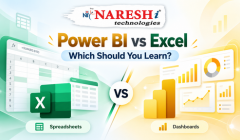Power BI vs Excel – Which Should You Learn? A comparison graphic by Naresh i Technologies showing Microsoft Excel spreadsheets and Power BI dashboards, highlighting the differences between spreadsheet-based data analysis and interactive business intelligence dashboards.