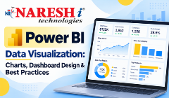 Naresh IT Power BI data visualization poster featuring charts, dashboard design, sales analytics, and best practices for creating interactive Power BI reports.
