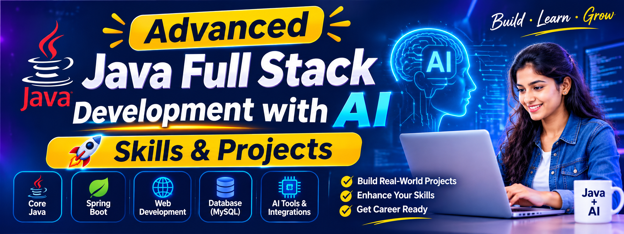 Advanced Java Full Stack Development with AI skills and real-world projects, including Core Java, Spring Boot, Web Development and MySQL.