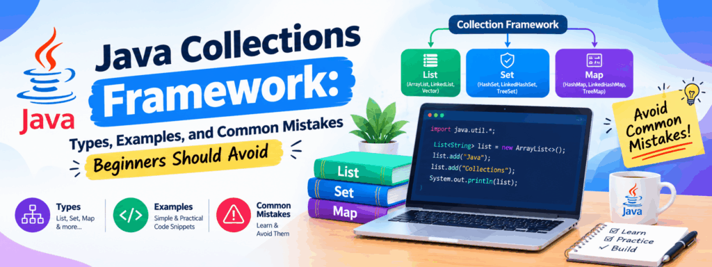 Java Collections Framework banner showing List, Set, Map, Java code examples, and common mistakes beginners should avoid.