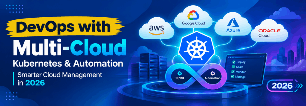 DevOps with Multi-Cloud training banner featuring Kubernetes, AWS, Microsoft Azure, Google Cloud, CI/CD automation, and Naresh i Technology with Enroll Now call to action.