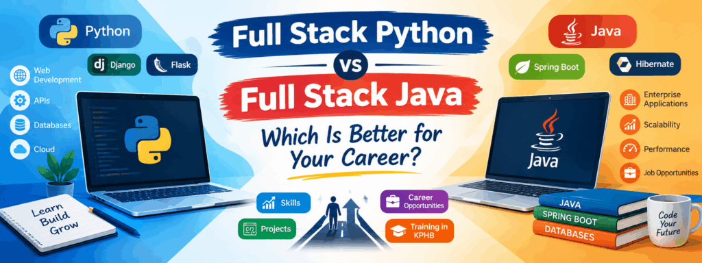 Full Stack Python vs Full Stack Java comparison showing skills, frameworks, projects, and career opportunities.