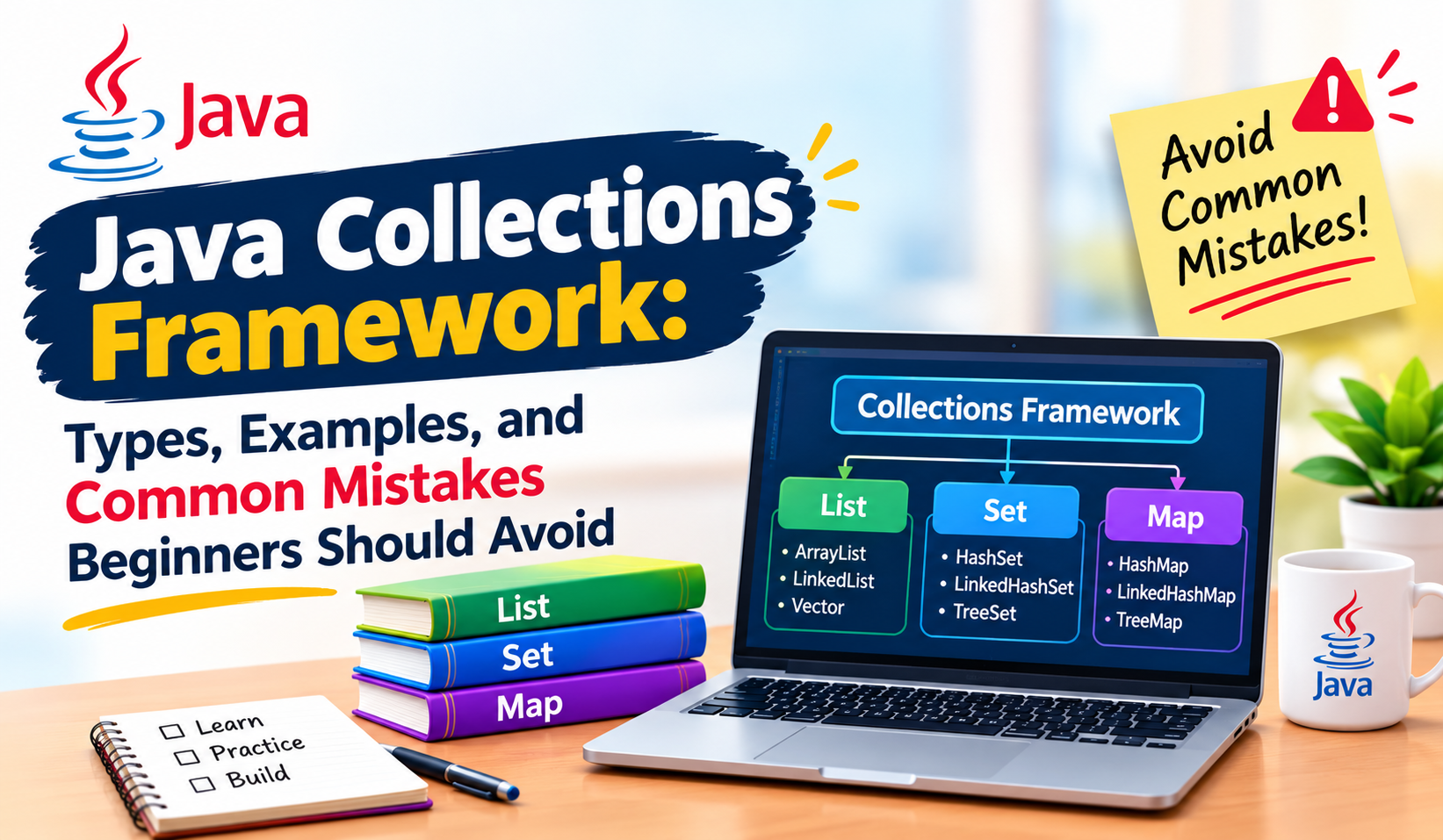 Java Collections Framework banner showing List, Set, Map, Java code examples, and common mistakes beginners should avoid.