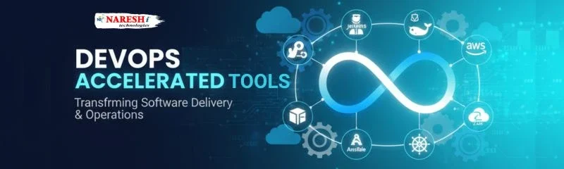 DevOps accelerated tools with infinity loop showing Jenkins, Docker, Kubernetes, Ansible, AWS