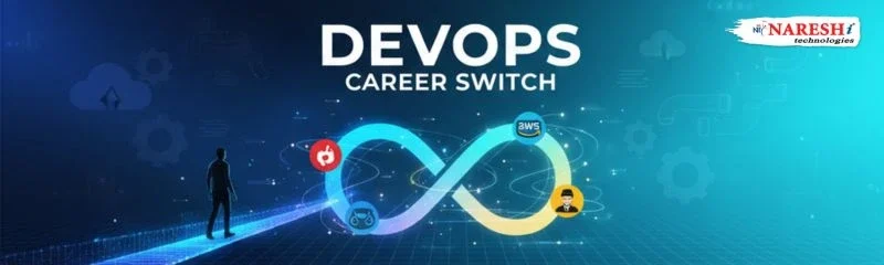 DevOps career switch — professional walking toward DevOps infinity loop with cloud and automation icons at Naresh i Technologies.